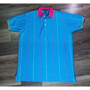 Colours Alexander Julian Polo Shirt Mens LG Blue Vertical Stripe Short Sleeve